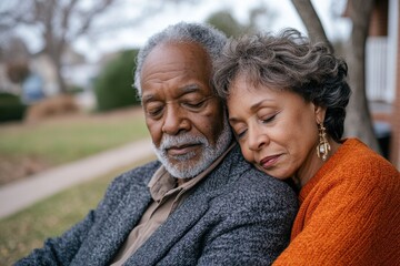 This tender image shows an elderly couple enjoying a quiet moment together, radiating love and companionship balanced with serene outdoor surroundings.