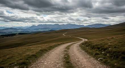 Fototapeta premium Curving Scenic Road Amidst Mountain Landscape With Clouds and Greenery