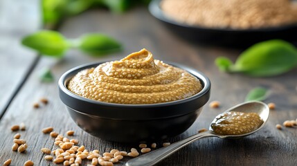 Delicious Homemade Mustard in Bowl Spoon Seeds