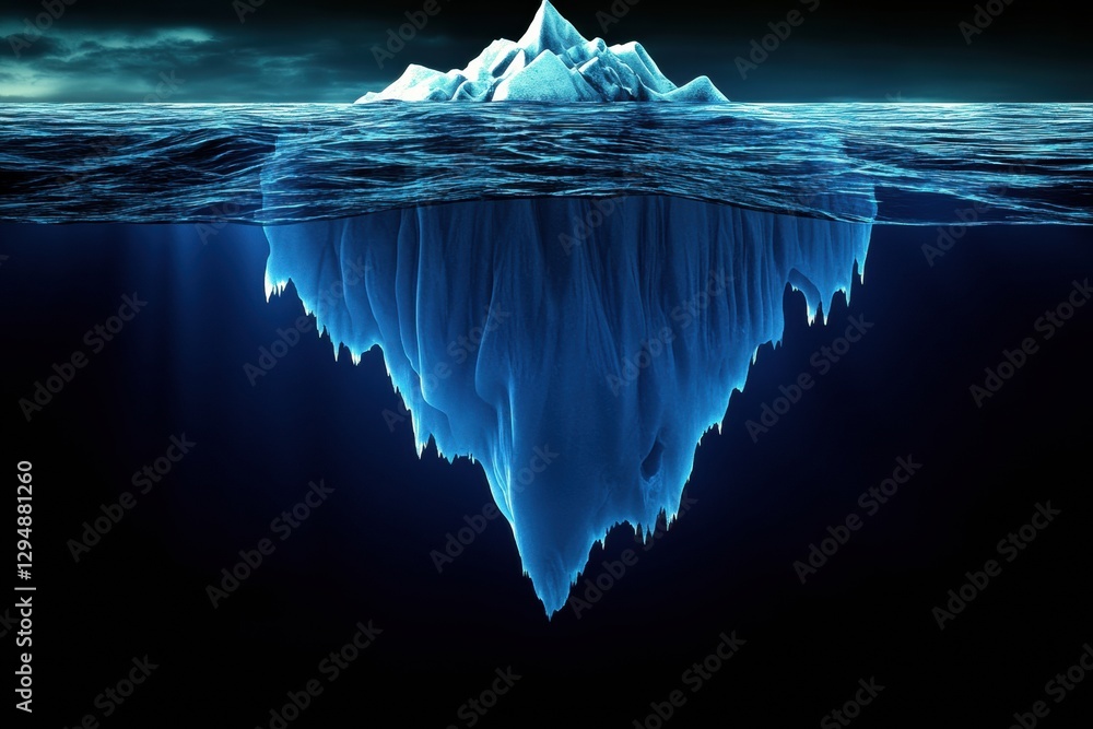 Aufkleber melting iceberg adrift in tranquil dark blue waters with empty sky above. generative ai
