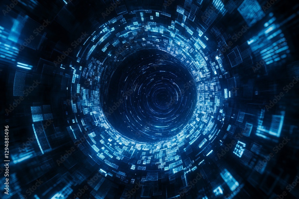 Poster abstract digital tunnel blue glowing lines technology background futuristic data network rotating ci