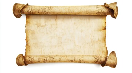 Old parchment scroll displaying blank space, perfect for historical text, ancient maps or decorative designs