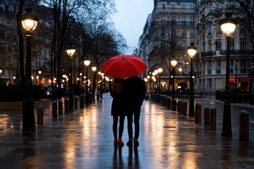A romantic scene featuring a couple under a vibrant red umbrella, standing on a rain-soaked street lit by warm street lamps, creating a cozy atmosphere in the city.