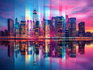 Fototapeta premium Silhouette of a big city, a modern metropolis, with skyscrapers. Beautiful panoramic view. In the theme of glass, colored glass, mosaic, stained glass.