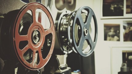 Obraz premium Vintage Red and Blue Film Reels on Projector