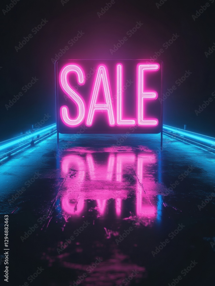 Poster bright neon sale sign illuminating a dark space with glowing reflections on the ground in a retail s