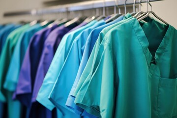Medical scrubs in shades of blue and green hanging on a rack in a hospital setting for healthcare professionals to wear