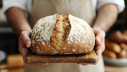 Man holding loaf of fresh bread at wooden table indoors, closeup