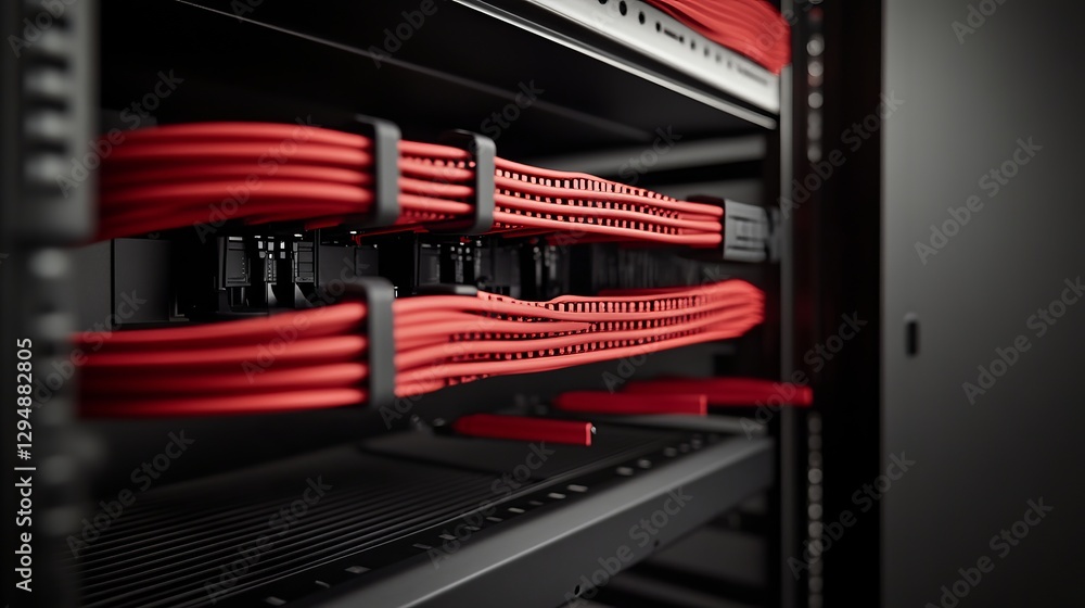 Poster neatly organized red data cables in modern server rack technology infrastructure digital network pow