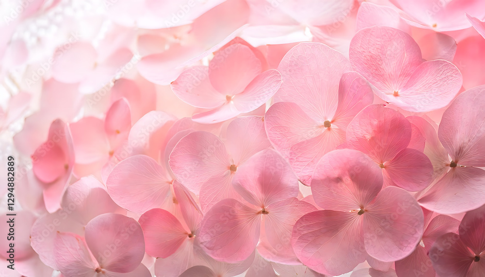 Poster soft pink petals of hydrangea flowers overlapping each other, creating a delicate and ethereal flora