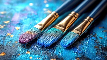 Fototapeta premium Close-up of Three Artistic Paintbrushes on a Blue Canvas