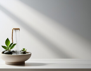 front view of a rustic zen small water fountain on top of awhite wooden table, with a white wall for background