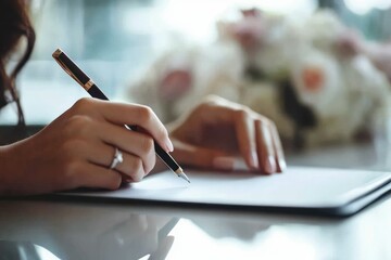 Woman signing document, cafe, flowers blurred background, wedding contract