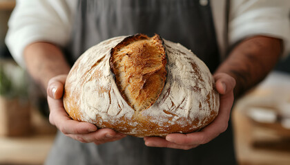 Man holding loaf of fresh bread at wooden table indoors, closeup