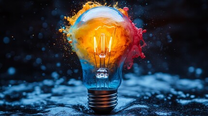 Colorful light bulb with a paint splash on a black background
