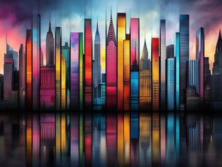 Obraz premium Silhouette of a big city, a modern metropolis, with skyscrapers. Beautiful panoramic view. In the theme of glass, colored glass, mosaic, stained glass.