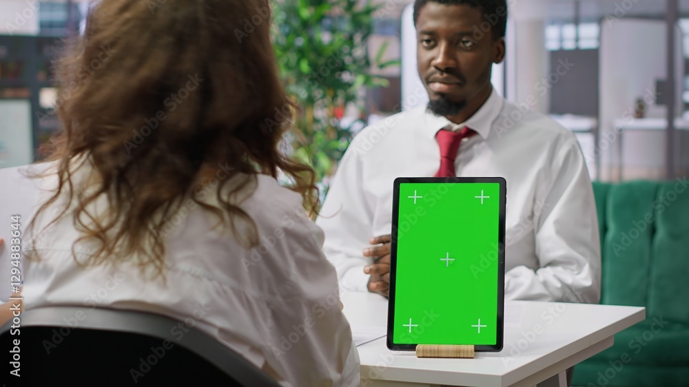 Poster job applicant and employer discussing in an interview with isolated mockup display on a device, high