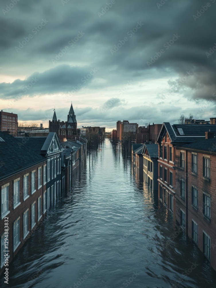 Poster flooded cityscape at dusk with rooftops emerging through rising water in an urban area. generative a