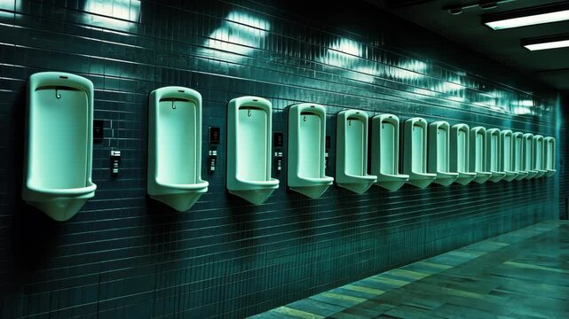 Long row of wall-mounted urinals in a modern restroom with dim lighting