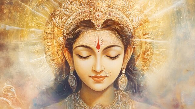 Serene Oil Painting of Hindu Goddess Parvati with Golden Aura and Intricate Patterns