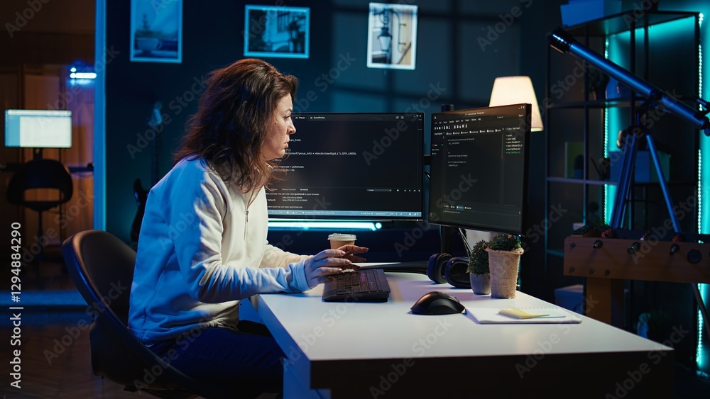 Poster tired woman hurting from too much stress accumulated while doing software quality assurance on compu