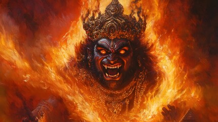 Majestic Oil Painting of Fierce Lord Narasimha, Glowing Flames and Intricate Mythological Artwork