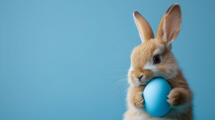  Adorable Easter Rabbit and Egg on Blue Backdrop with Copy Space