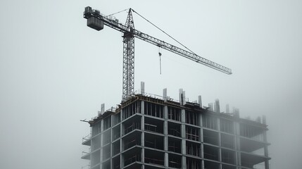 Fototapeta premium A tall construction crane above a building under construction in a foggy atmosphere.