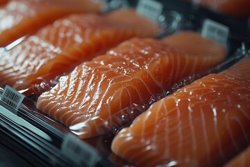 A close-up of fresh salmon fillets neatly arranged in plastic packaging.