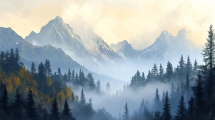 Obraz premium Misty Mountain Landscape with Blue Hues and Pine Trees