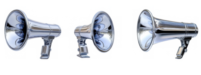 Three transparent megaphones isolated on white background, shown from different angles. Concept of communication, announcement, and amplification. 3D Rendering