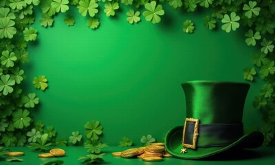 Green hat with gold buckle lies on the table next to pile of gold coins on green background. St. Patrick's Day concept