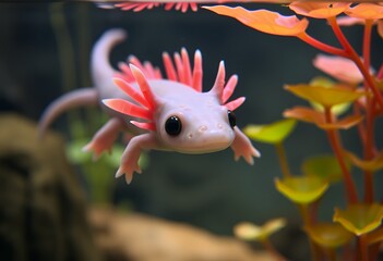 Fototapeta premium Axolotl swimming underwater in aquarium with red and orange plants