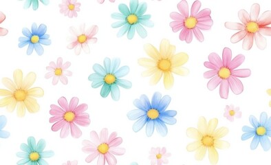 Colorful watercolor daisies pattern on white background