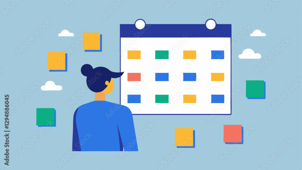 Poster virtual event planning an individual surrounded by digital sticky notes and a calendar on a wall pla