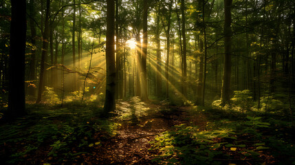 Obraz premium Serene Forest Landscape Bathed in Early Morning Sunbeams Casting a Golden Glow