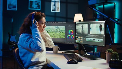 Video producer adds sound effects to film montage, working in studio, close up shot. Videographer...