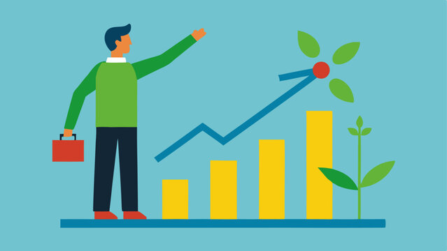 Trend Analysis A vector illustration showing an analyst pointing at a trend line on a projection graph indicating increasing renewable energy use over time.
