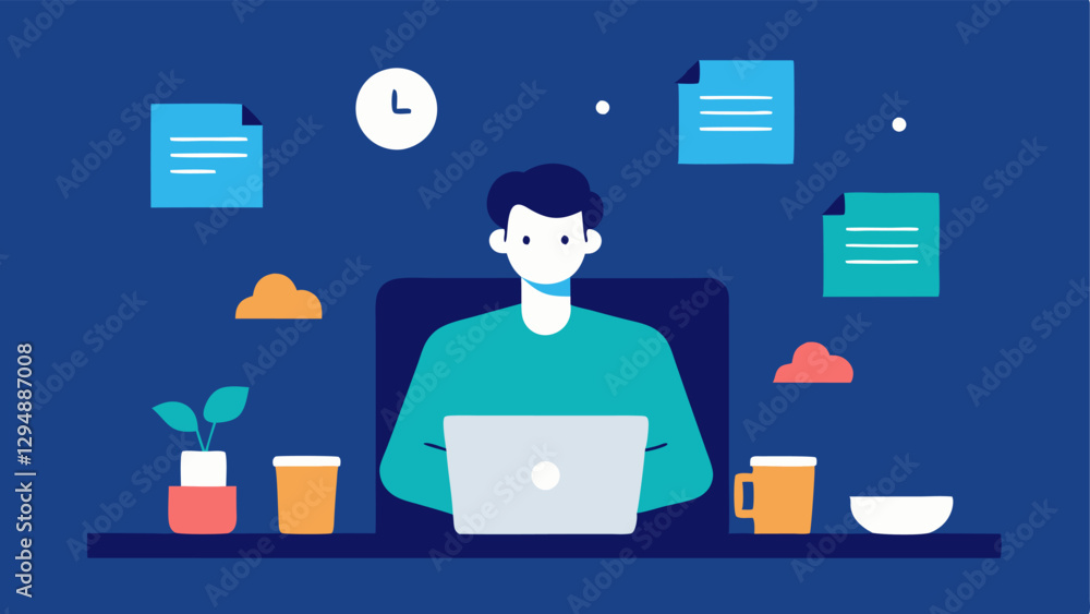 Poster virtual conference setup an individual seated at a desk with a laptop open showing a grid of partici