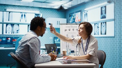 Medic expert uses a thermometer to find the right diagnostic and symptoms, showcasing modern...