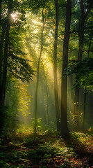 Fototapeta premium Serene Forest Landscape Bathed in Early Morning Sunbeams Casting a Golden Glow