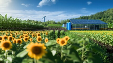 Obraz premium Sustainable agriculture practices rural landscape photography sunflower fields wide-angle view green energy concepts