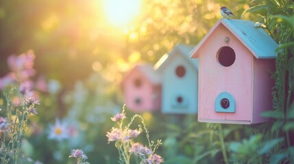 Pastel Birdhouses in a Sunny Garden: A Peaceful Summer Scene