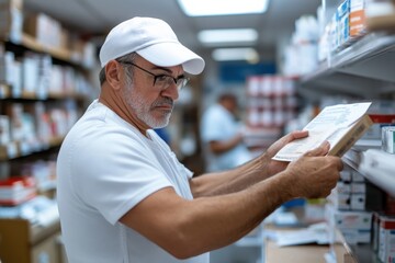 A middle-aged pharmacist reviews a medication box carefully while organizing stock in a well-stocked pharmacy filled with various health products and medications.