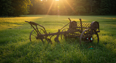 Rusty Antique Tractor in Overgrown Farm Field at Sunset with Golden Hour Light