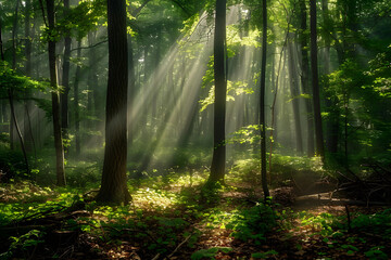 Fototapeta premium Serene Forest Landscape Bathed in Early Morning Sunbeams Casting a Golden Glow