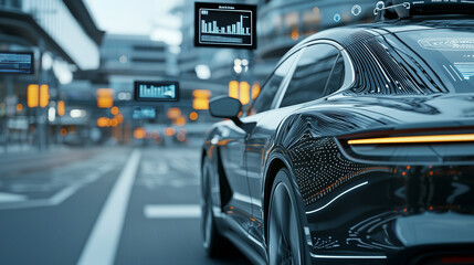 Close-up of an autonomous car driving through a smart city, sleek design, futuristic setting