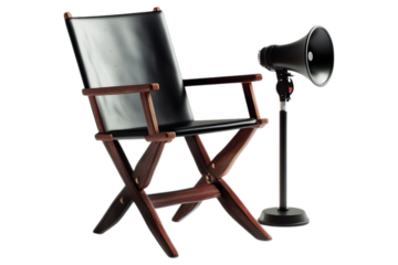 Black director's chair and megaphone isolated. Classic filmmaking setup symbolizing leadership, creativity, and movie production. AI generated.  .