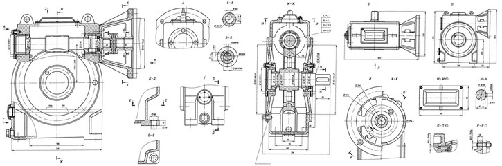Engineering mechanical drawing of steel devices
- worm gear (reducer, gearbox, engine)
with dimension lines. Industrial 
cad scheme on paper sheet. Technology background
of machine building industry.
