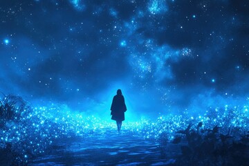 Obraz premium Woman walking night field, starry sky, fantasy, artwork, dreamscape